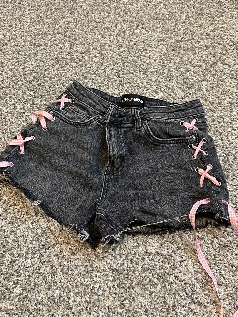 Fashion Nova Black Denim Shorts with Pink Gingham Lace-Up Sides SZ 3